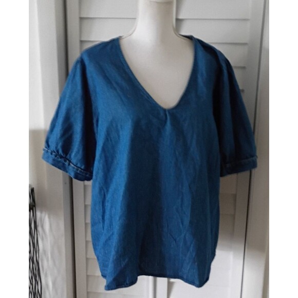 Draper James Denim V-Neck Puff‎ Short Sleeve Cotton Blouse XXL - Picture 2 of 11